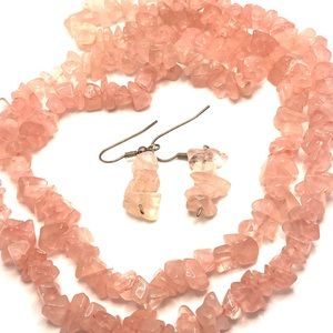 Vintage Rose Quartz Necklace and Earrings Authentic Gemstones 32" 🌸 K010